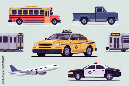 Detailed transportation set, taxi cab school bus pickup truck, subway trains and airplanes, police car fleet, travel industry vector graphics