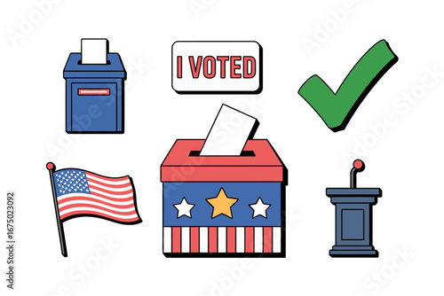 Election elements pack, drop box mailbox, ballot paper, I voted badge, check mark, waving flag, podium, political campaign, vector