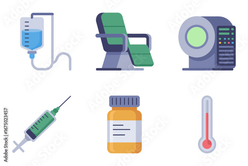 Infusion and imaging equipment icons IV bag therapy chair MRI scanner syringe medicine bottle thermometer hospital treatment vector