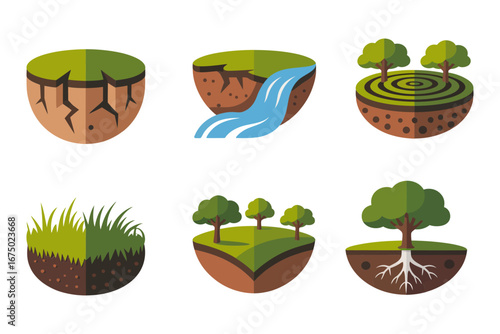Soil erosion and landform icon set, terrain cross section with river slope terrace grass tree roots, geology vector, agriculture elements
