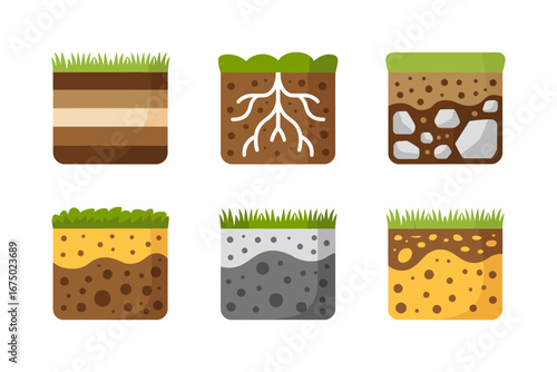Soil profile layers collection, cross section with humus topsoil roots gravel clay sand, geology and agriculture icons, educational vector pack