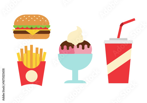 A classic fast food meal combo icon set featuring a hamburger, french fries, ice cream sundae, and a soft drink, designed as a flat vector illustration