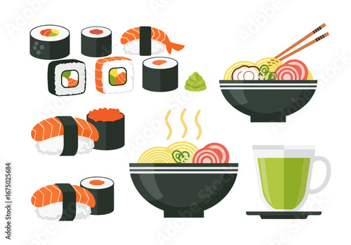 A vibrant illustration set of popular Japanese cuisine, featuring a delectable assortment of fresh sushi, savory ramen noodle bowls, and a refreshing cup of green tea