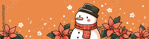 A cheerful snowman adorned with a classic black hat and red scarf stands among vibrant red flowers. The warm orange background enhances the festive atmosphere.