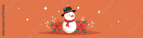 A cheerful snowman adorned with a classic black hat and red scarf stands among vibrant red flowers. The warm orange background enhances the festive atmosphere.