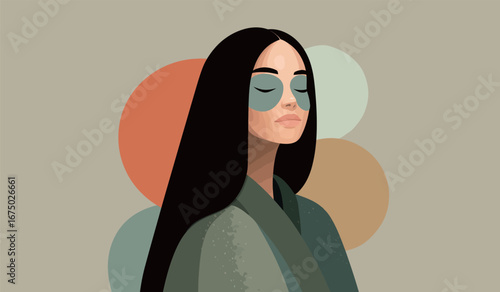 A woman with long black hair is seen relaxing with a green facial mask. She has a serene expression, complemented by a background of colorful circles. Bright and calming aesthetic.