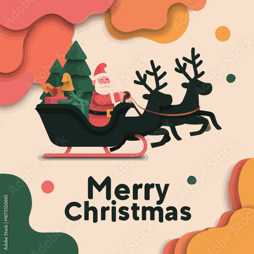 Jolly Santa Claus drives a sleigh pulled by two reindeers, filled with gifts and Christmas trees, spreading holiday cheer in a festive atmosphere.