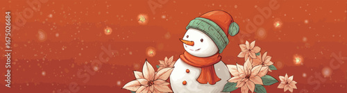 A cheerful snowman adorned with a classic black hat and red scarf stands among vibrant red flowers. The warm orange background enhances the festive atmosphere.