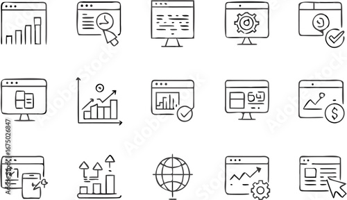 Vector collection of hand drawn website analytics and data visualization icons featuring charts and graphs online 100