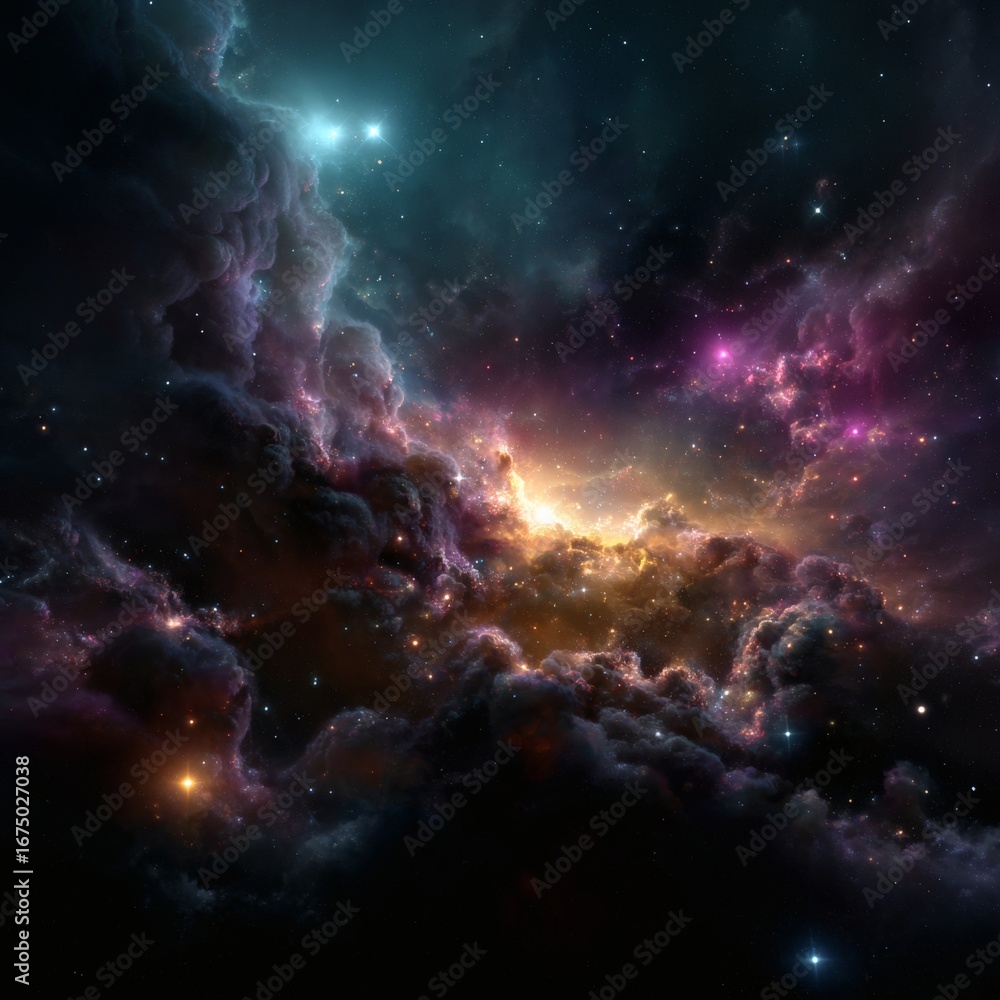 Obraz premium nebula galaxy, cosmic stars, abstract background, glowing space, fantasy cosmos, dreamlike design, star cluster, deep space, colorful nebula, astronomy, cosmic energy, celestial background, 