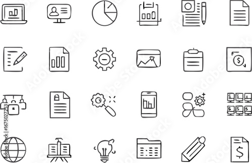 Vector collection of business and data analysis icons including charts graphs and office related symbols drawn style