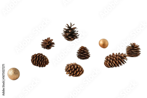 Scattered pine cones and gold Christmas ornaments arranged decoratively on white surface, isolated on a transparent background