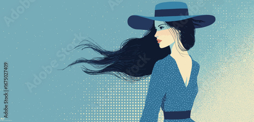 A woman with long hair and a fashionable hat looks thoughtfully to the side. Her expression conveys contemplation as she stands out against a vivid blue background, creating an artistic ambiance.