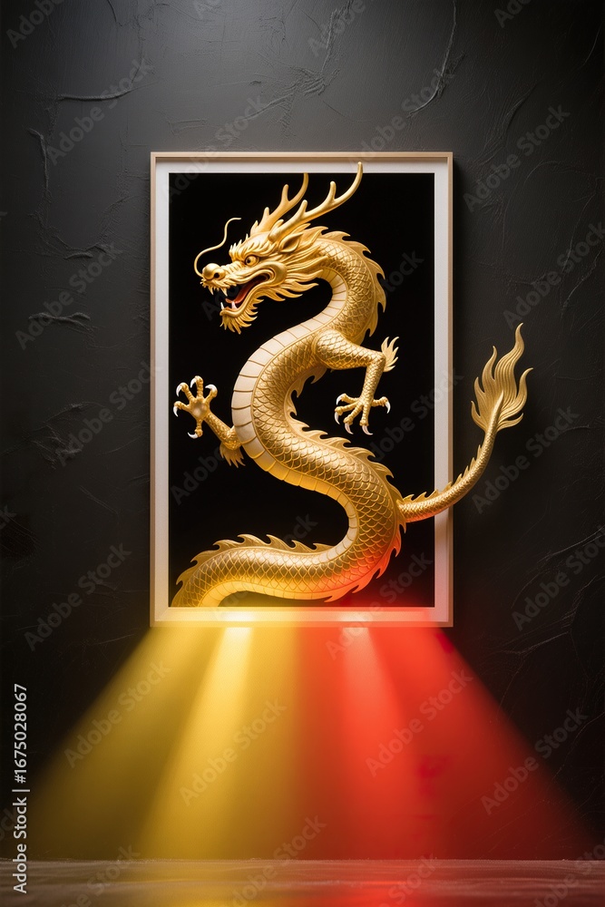 Obraz premium A surreal golden dragon is dynamically mounted within a frame on a dark wall, its sinuous body bursting through the confines to intertwine with swirling festive lights outside
