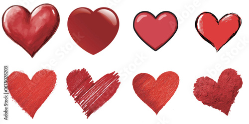 This collection showcases different artistic interpretations of heart shapes, featuring various shades of red and styles, ideal for expressing love and affection.