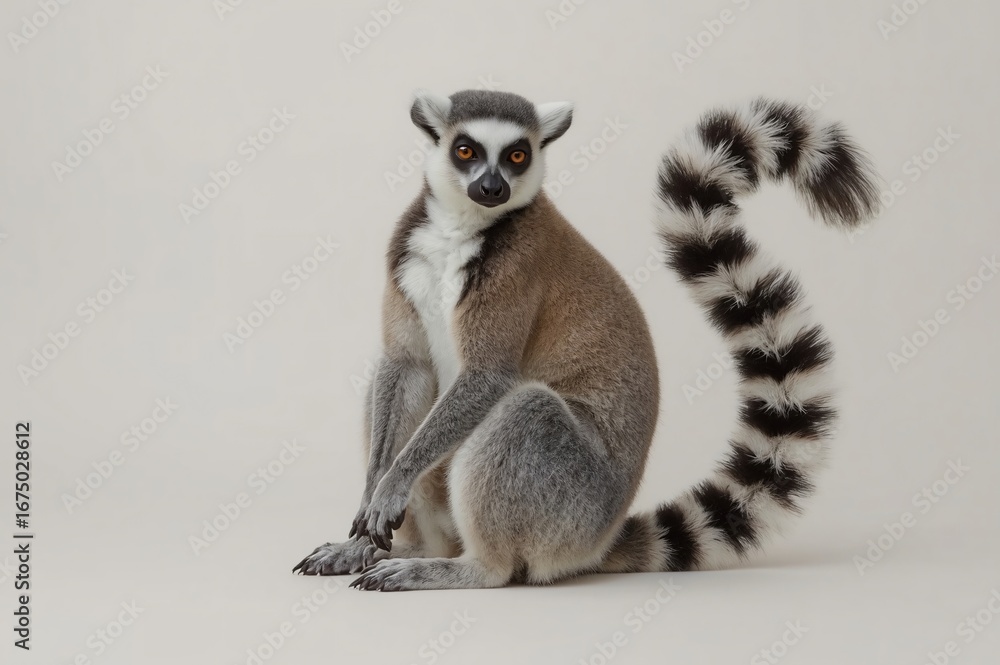 Fototapeta premium Ring-tailed lemur studio portrait, sitting, neutral background, wildlife photography