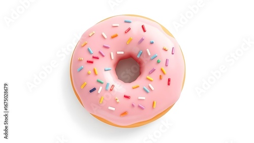 Sweet and delicious frosted pink donut with colorful candy sprinkles, a classic bakery treat viewed from above on a white surface
