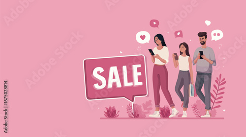 Three people stand on a pink background, engaged with their smartphones and showing interest in a sale. They hold shopping bags and smile, capturing a moment of excitement and engagement.