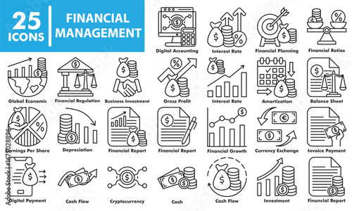 Financial management including accounting, cash flow, investment, business planning, financial growth, digital payment, and currency exchange symbols.