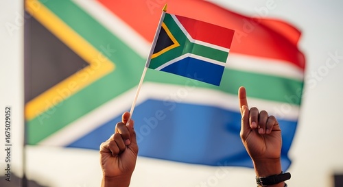 Hands holding a South African flag high in the air.