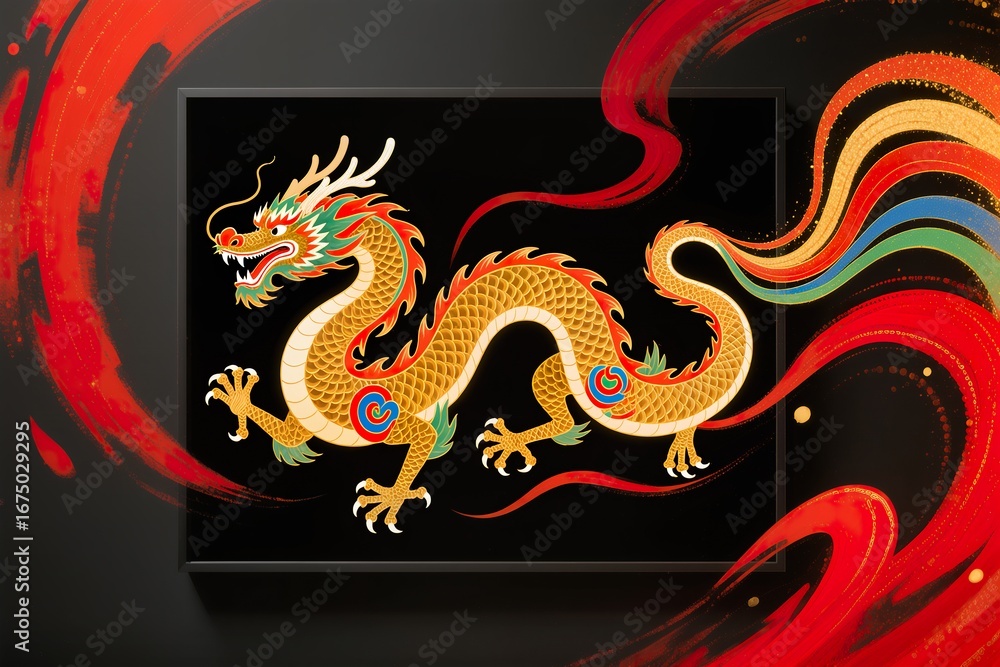 Fototapeta premium A surreal Chinese New Year dragon with glowing golden scales dances dynamically within a black frame on a shadowy wall surrounded by abstract crimson patterns that echo traditional ink painting