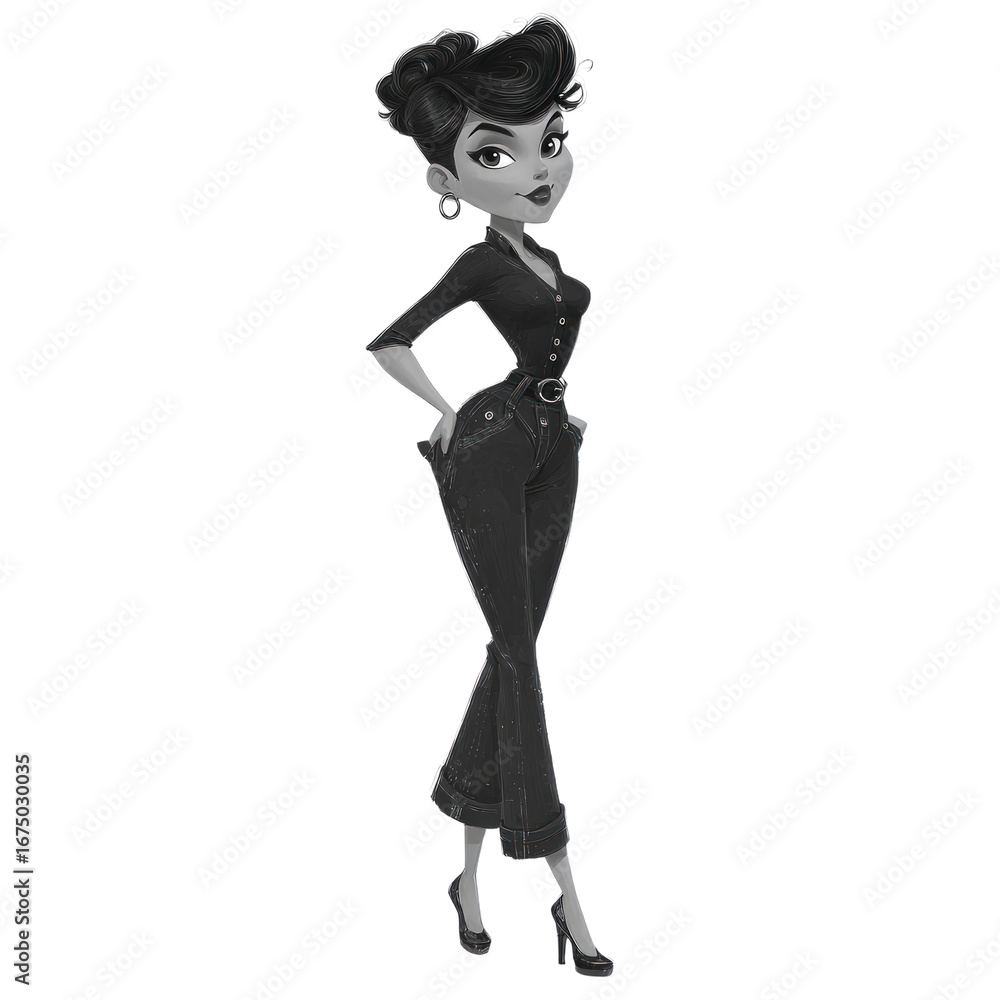 Fototapeta premium Stylized cartoon woman with vintage hairstyle wearing denim jumpsuit and heels