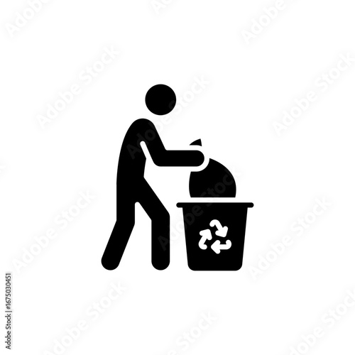 People and rubbish bin icon. Simple solid style. Person holding a sack of trash, cleanup, garbage, ecology, environment concept. Silhouette, glyph symbol. Vector isolated design