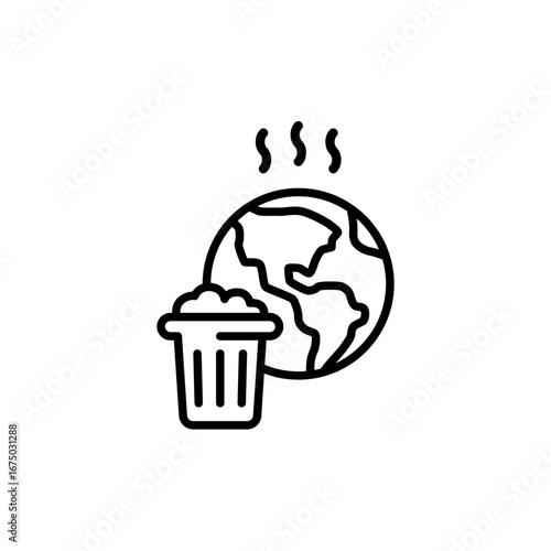 Pollution icon. Simple outline style. Global trash, earth globe, trash, recycle bin, recycling, garbage, planet, environment concept. Thin line symbol. Vector isolated design
