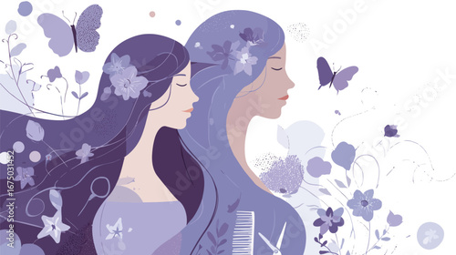 Two women with flowing purple hair, adorned with floral elements and butterflies, create a serene and dreamlike atmosphere. The artwork captures a moment of beauty and tranquility.