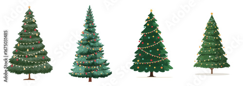 Different styles of Christmas trees stand tall, adorned with colorful ornaments and twinkling lights, showcasing the spirit of the holiday season.