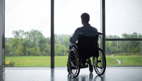 Man in Wheelchair by Window with Overlooking Landscape.