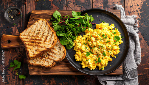 Scrambled Egg Delight: A visually captivating, top-down composition of a plate of fluffy, scrambled eggs, grilled toast, and fresh greens, offering a tantalizing feast for the eyes.