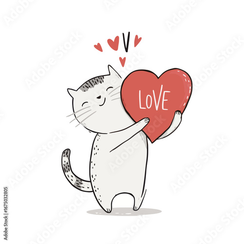 A cheerful cat stands on its hind legs, holding a large heart labeled love. Playful hearts float above its head, conveying a sense of happiness and affection.