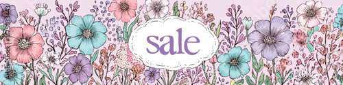 Brightly colored flowers of various types create a cheerful backdrop for a sale announcement. The playful design features soft pastels and bold hues that attract attention.