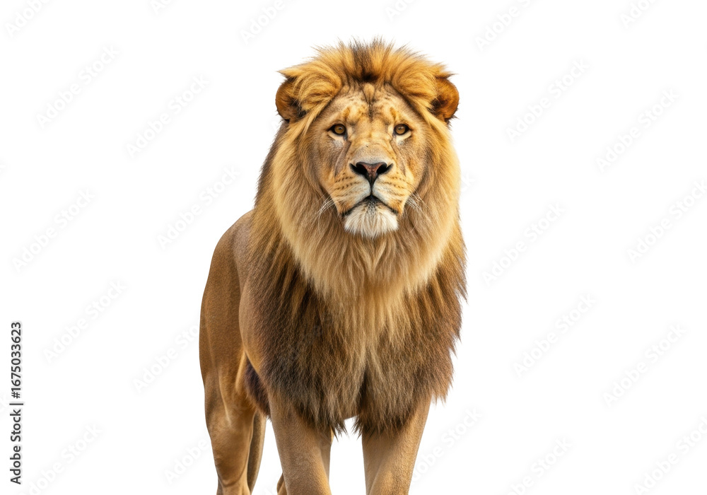 Obraz premium Majestic Male Lion Portrait Displaying Intense Expression Against Transparent Background