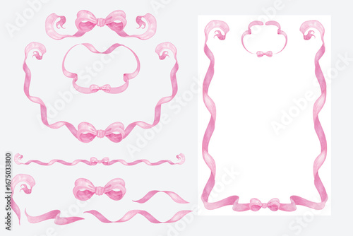 Frame vector and ornament of pink ribbon hand drawn watercolor.