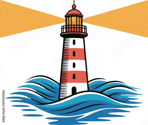 Nautical Lighthouse Vector Drawing Striped Tower with Vibrant Light and Sea Waves