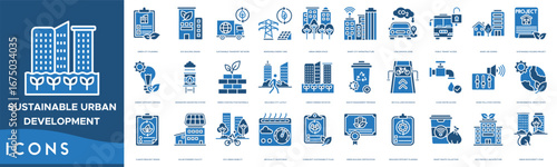 Sustainable Urban Development Icon set. Green City Planning, Eco Building Design, Sustainable Transport Network, Renewable Energy Grid, Urban Green Space and Smart City Infrastructure