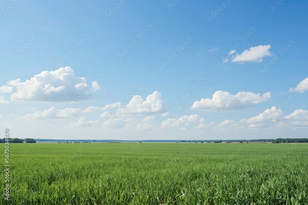 Fototapeta premium Sunny day, vast green field, blue sky, clouds, rural landscape