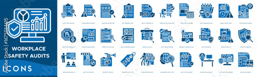 Workplace Safety Audits icon set. Safety Audit Checklist, Hazard Inspection Report, Compliance Review Form, Risk Assessment Sheet, Safety Standards Log  and Workplace Evaluation Guide