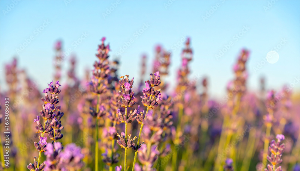 Naklejka premium Lavender Field at Sunset: A close-up of lavender flowers at the edge of field under a cloudless blue sky, evoking feelings of peace and tranquility.