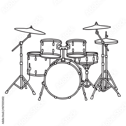 Detailed elegant vector design portraying a professional drum kit, rendered in classic black and white, highlighted by striking black outline for bold style.