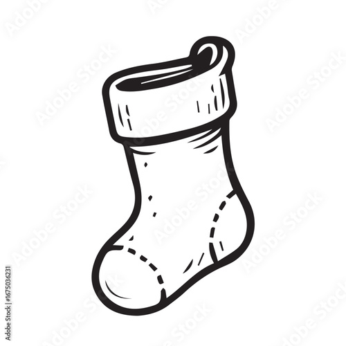 Detailed elegant vector design showing a Christmas stocking ornament, illustrated in timeless black and white, highlighted by striking black outline for contrast.