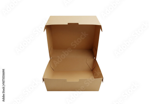 Empty open brown kraft paper food box for burger or sandwich packaging. Eco-friendly disposable takeaway container isolated on transparent background for mockup