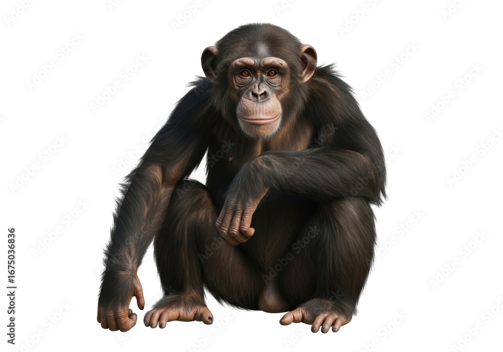 Naklejka premium Chimpanzee Sitting Calmly in a Natural Pose with a Thoughtful Expression