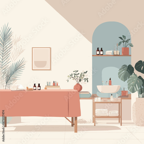 Bright and inviting spa interior showcasing a treatment table, plants, and soothing decor. Natural light filters through, creating a relaxing ambiance.