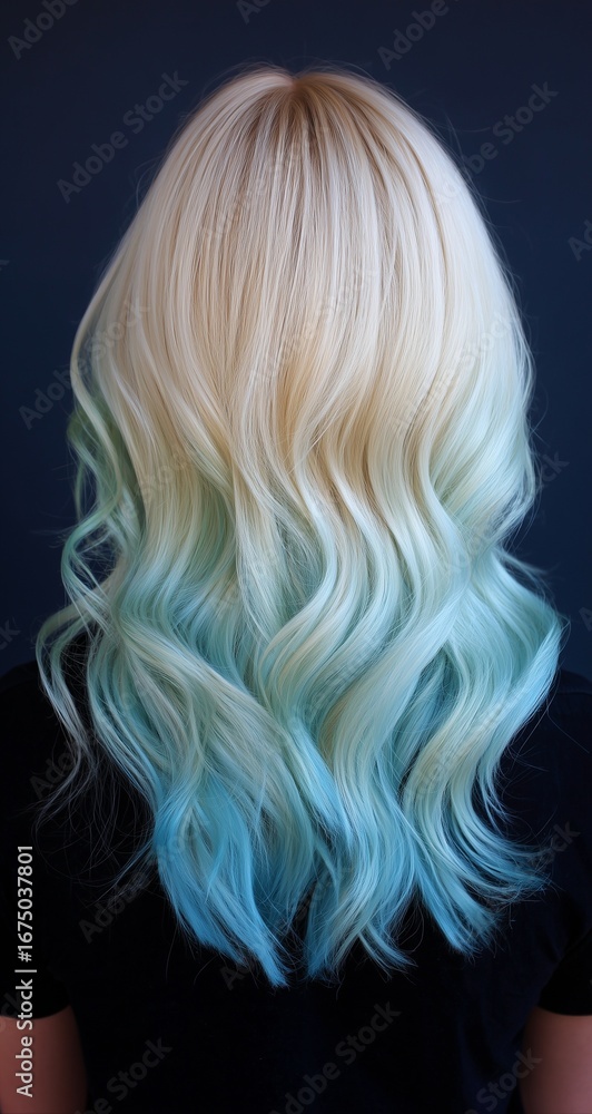 Naklejka premium Close-up of a woman from behind with shoulder-length blonde hair, half dyed in ombre green to white and the other half in long pastel blue waves