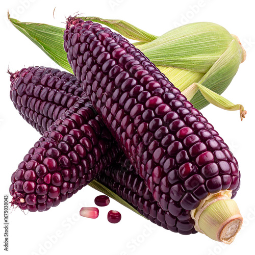 Exotic Purple Corn Isolated On White Background: Capturing the vibrant hues of organic purple corn, this image highlights the unique texture and natural beauty of this healthy. 