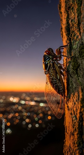 Cicada clings to bark with city lights gleaming during twilight hour