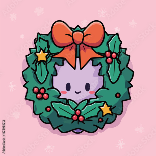 A cheerful cartoon character peeks out from a decorative holiday wreath. The wreath features vibrant green leaves, red berries, and a large orange bow. Snowflakes softly fall in the background.